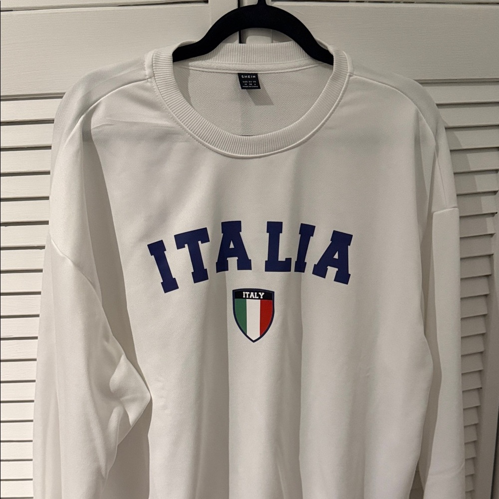 SHEIN White Italia Sweatshirt with Blue Lettering